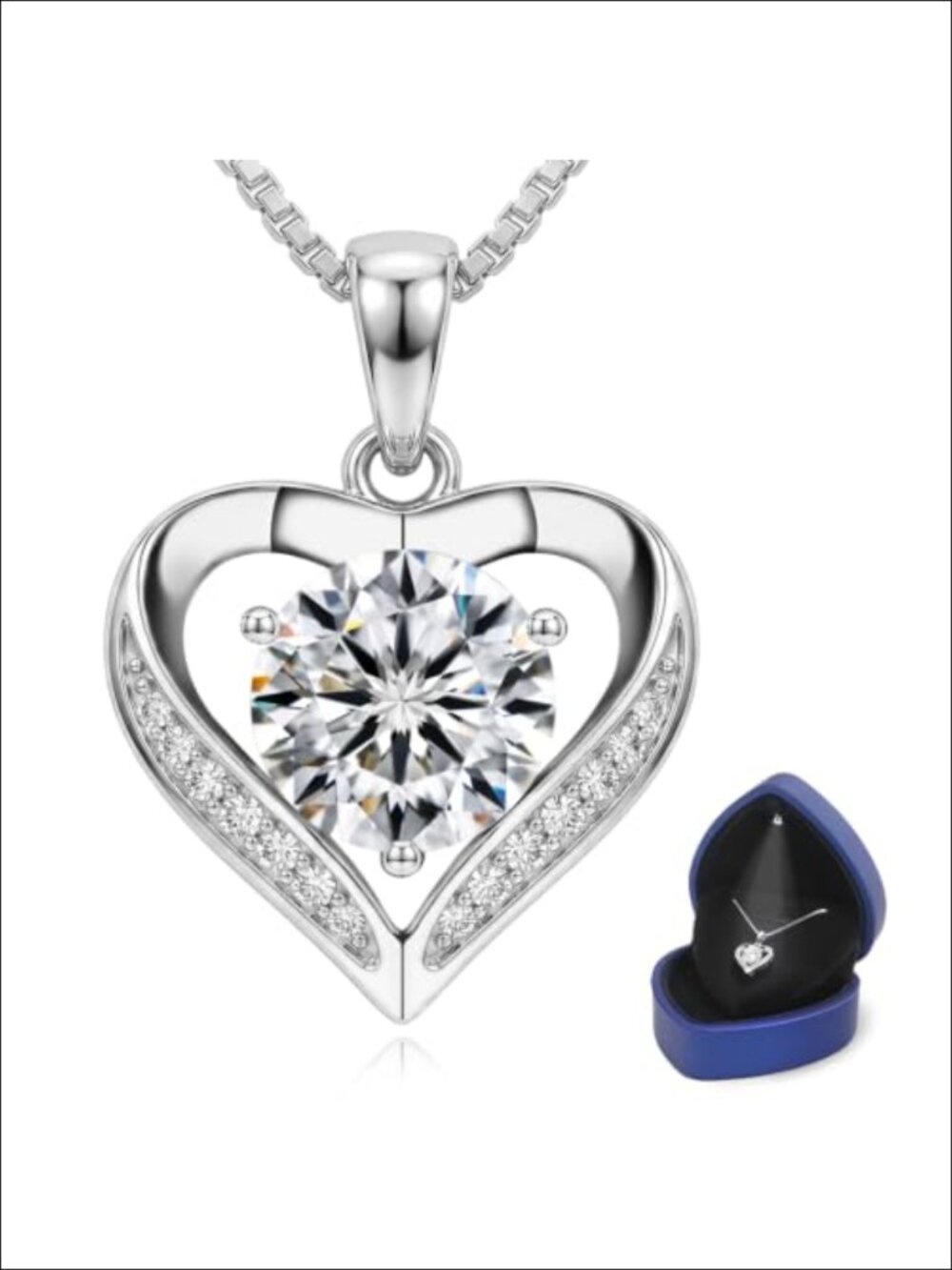 925 Sterling Silver Moissanite Heart Pendant Necklace, 18K White Gold Plated, I